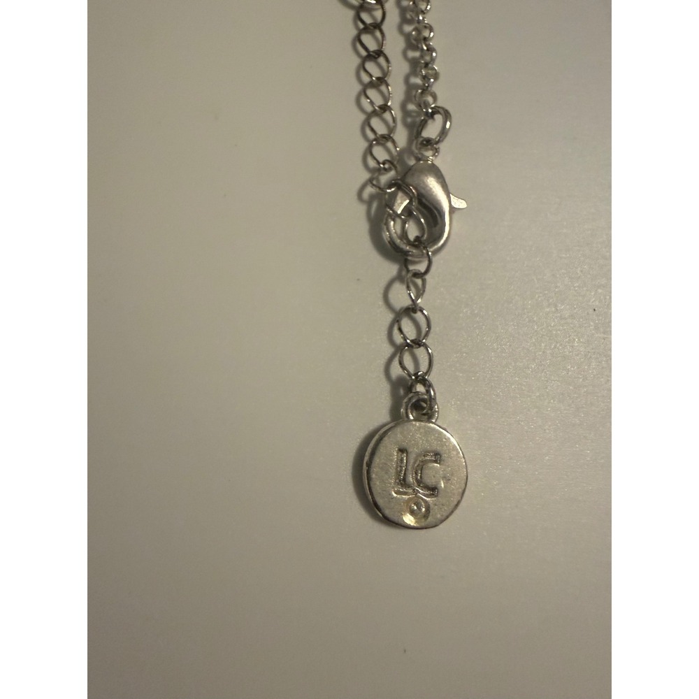 Liz Claiborne Silver Tone Pave Circle and Bar Lariat Drop Necklace LC Logo Tag - Picture 2 of 4